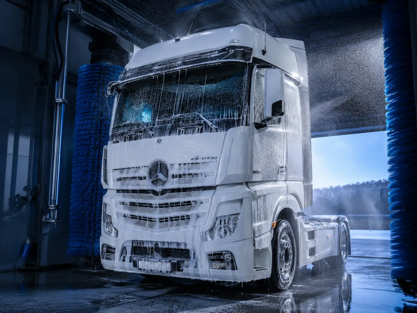 Balts kravas auto putās automātiskajā mazgāšanas boksā